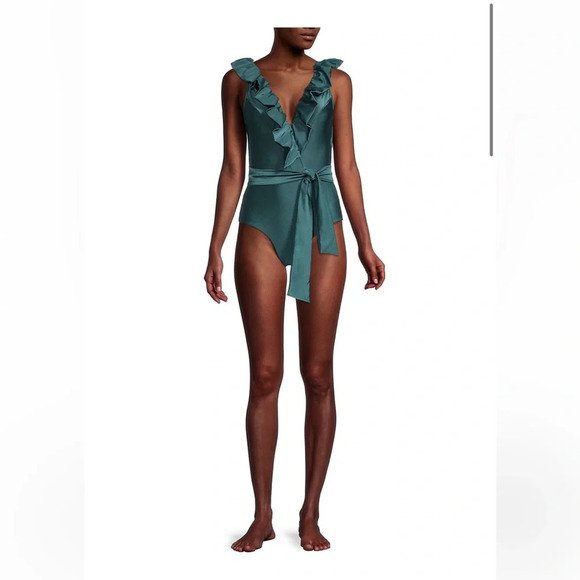 NWT $350 PatBO Plunge Ruffle One-Piece Swimsuit in Palace Green Size Small - Picture 7 of 12
